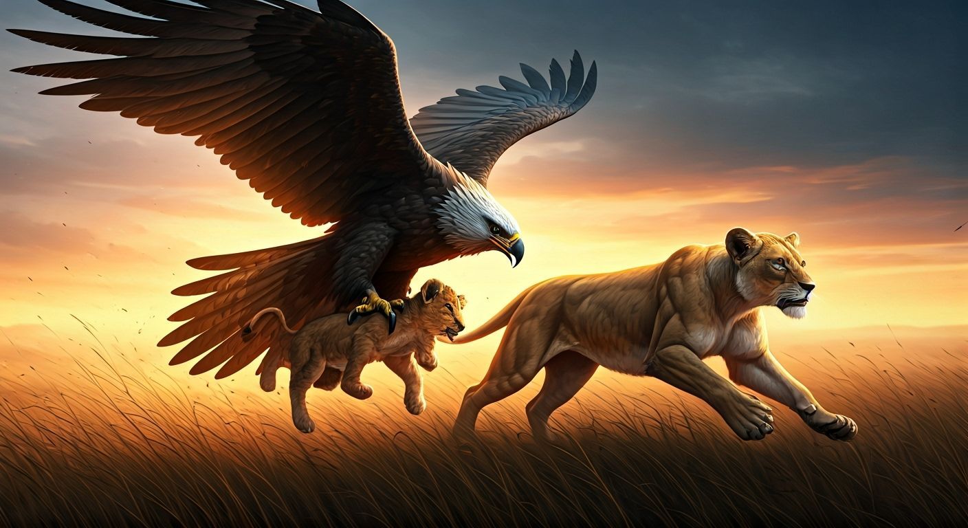 Bird of Prey Carries Lion Cub Over Savannah