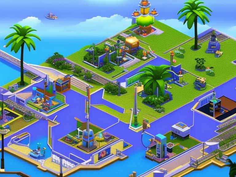 Sims 1 Style Beach Scene with Robots and Machinery