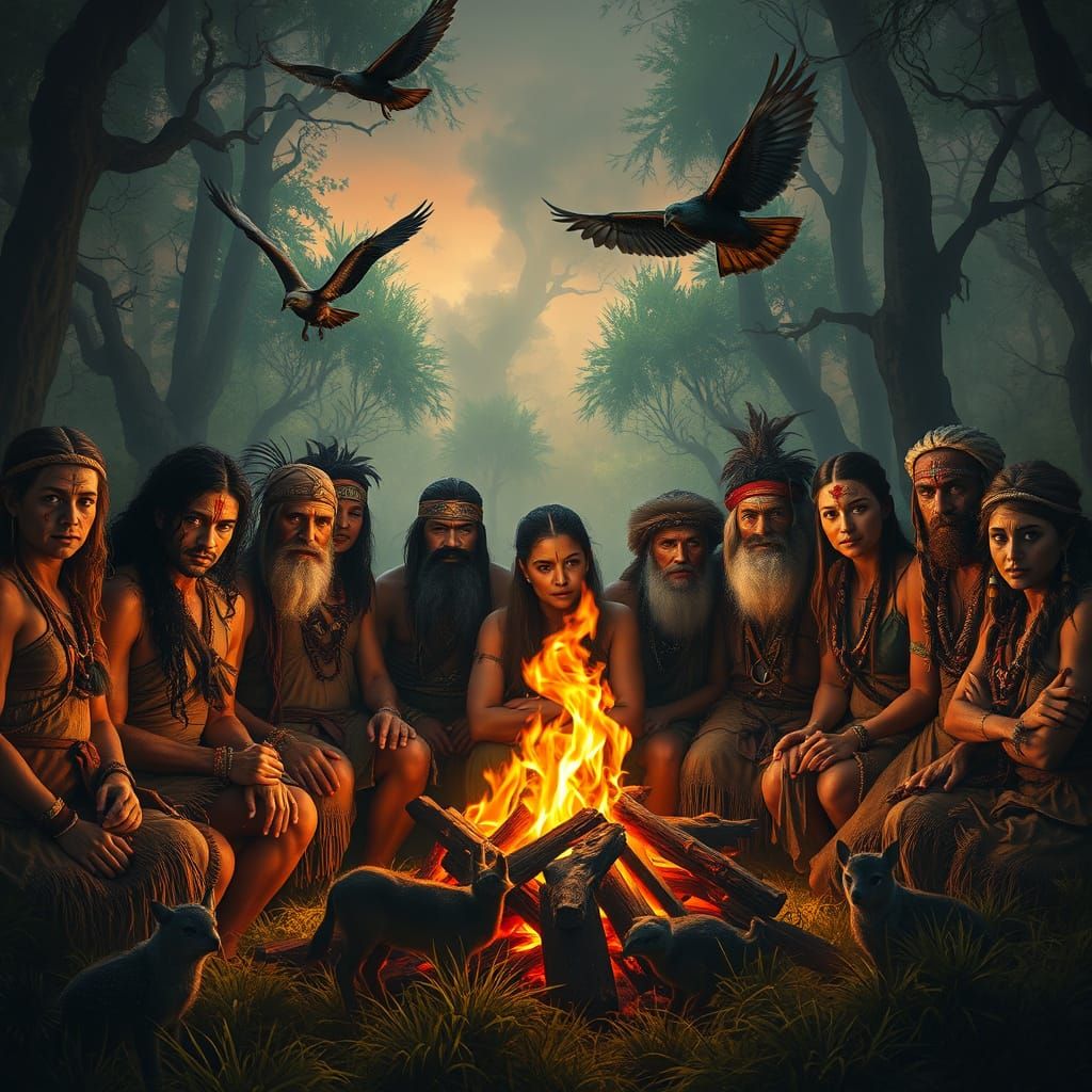 Survivors Gather 'Round a Flickering Bonfire in a Vibrant, M...