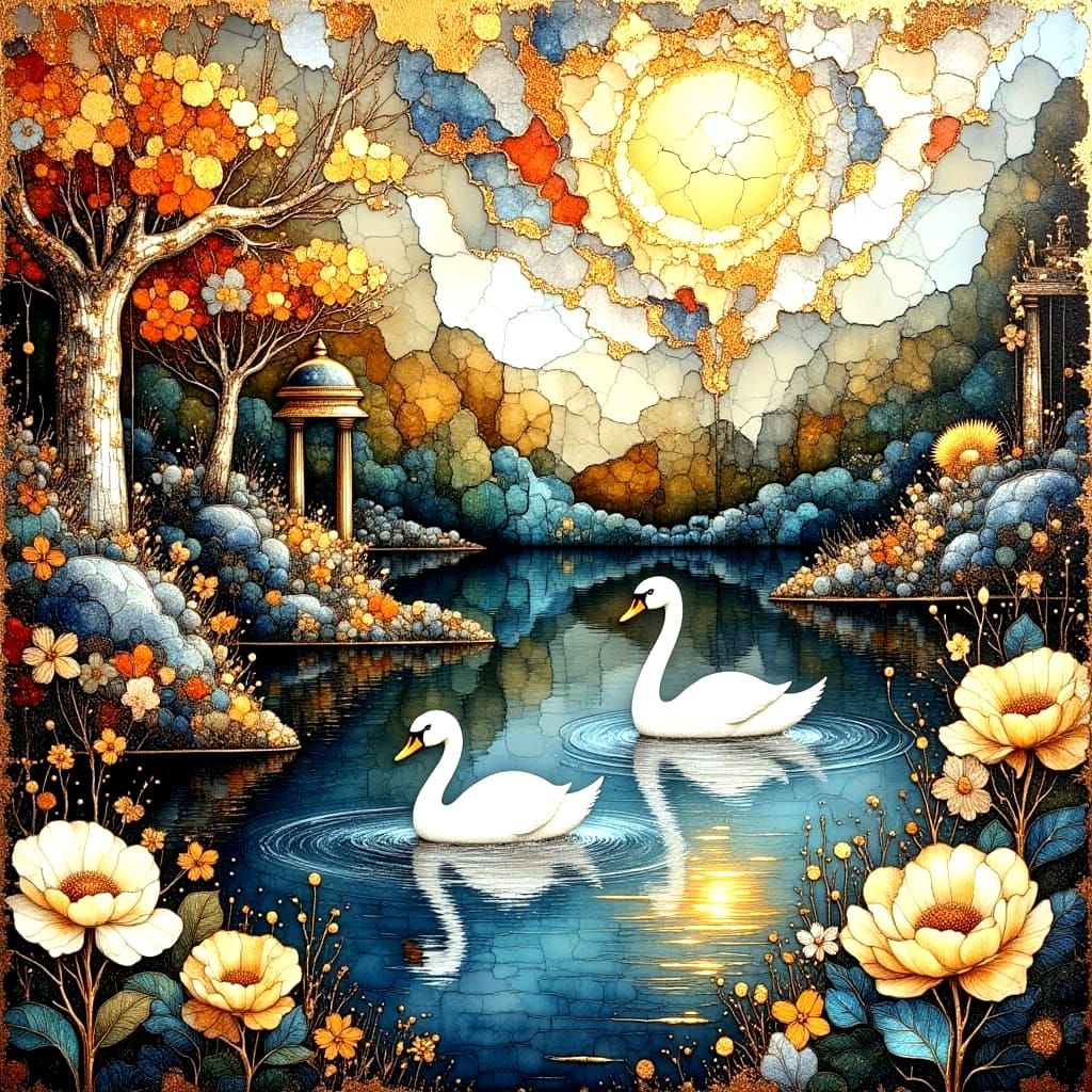 Epic Fantasy Lake Scene with Vibrant Colors and Intricate De...