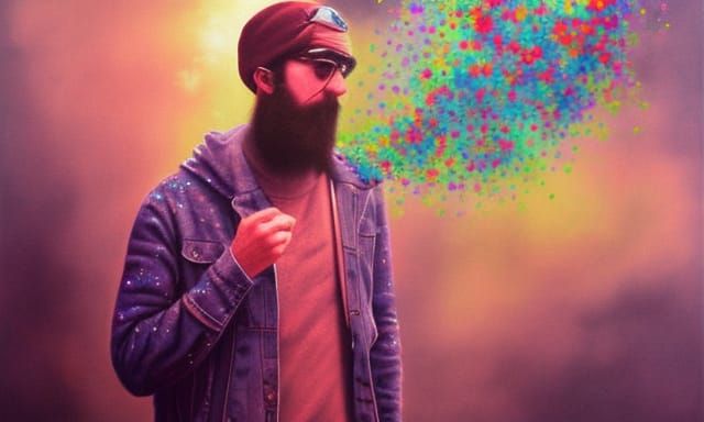 Psychedelic Hipster Portrait with Smoke, Kinetic Pointillism...
