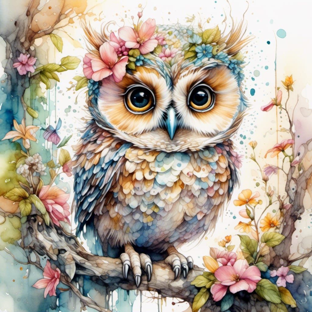 Blossom Baby Owl in Whimsical Watercolor Wonderland