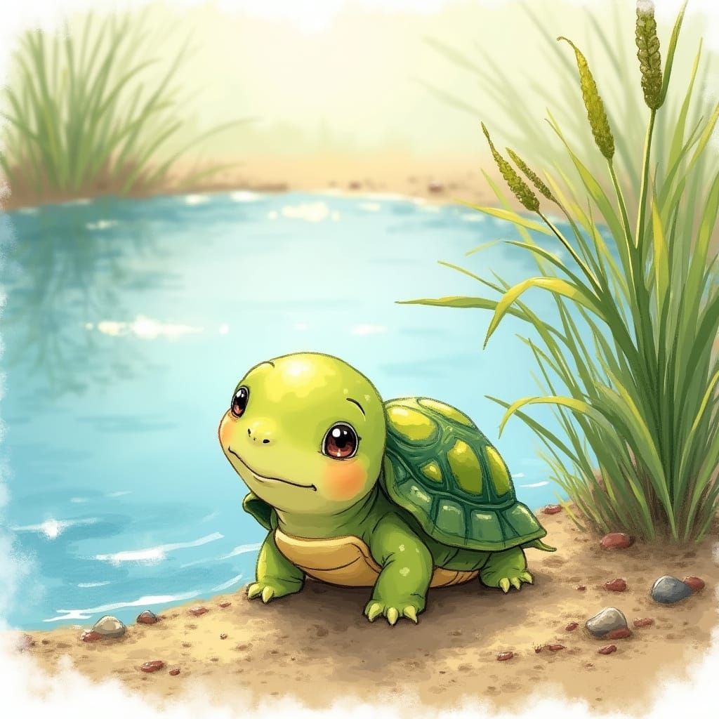 Delicate Watercolor Turtle in Sparkling Pond Scene