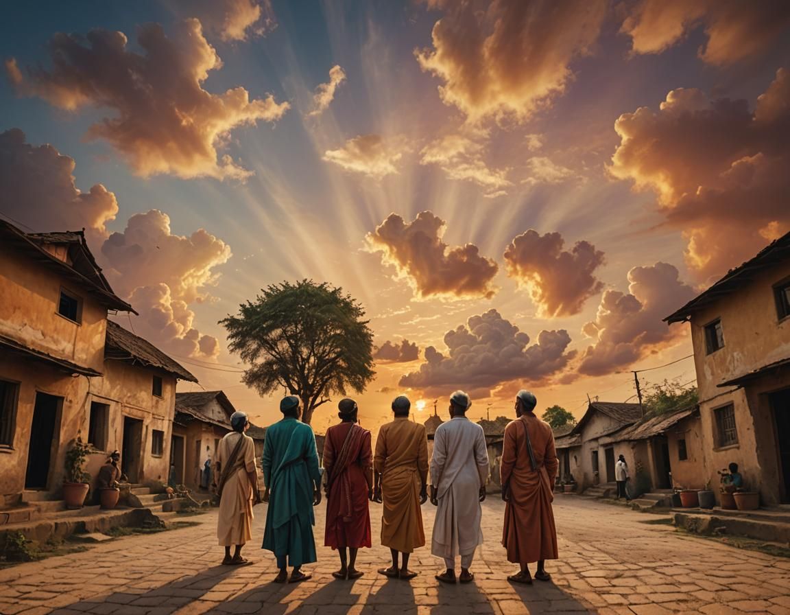 A soothing surrealism uncanny sunset in an Indian Village wi...