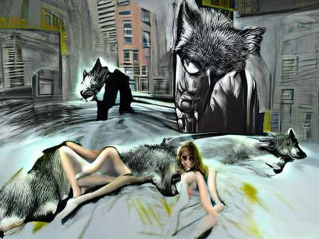 Gothic Dystopian Wolf Girl in Film Noir Style