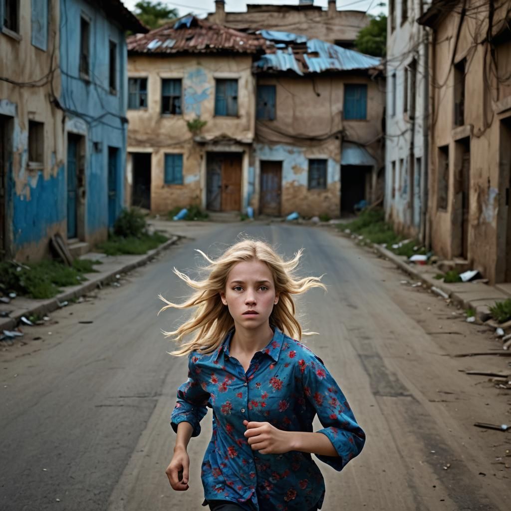 Girl Runs on Dark Street: Photorealistic Portrait