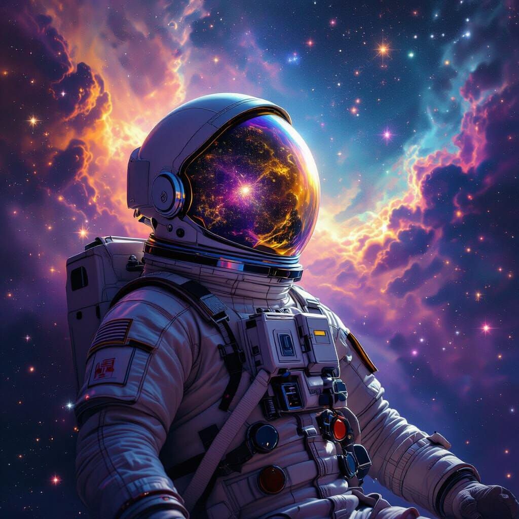 Astronaut Drifting in Nebula Reflecting Cosmic Ballet