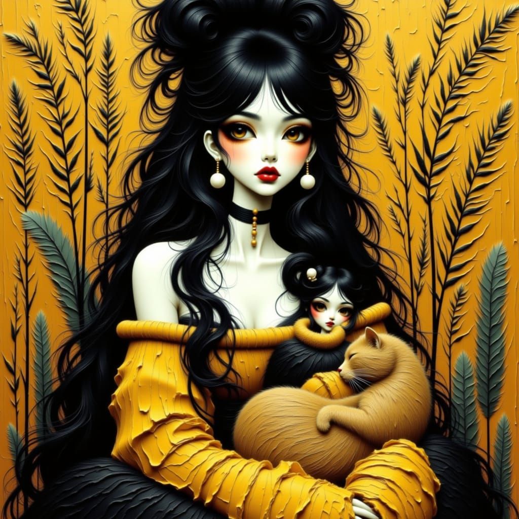 Goth brunette female, Gustav Klimt, pearl earrings, crazy bo...