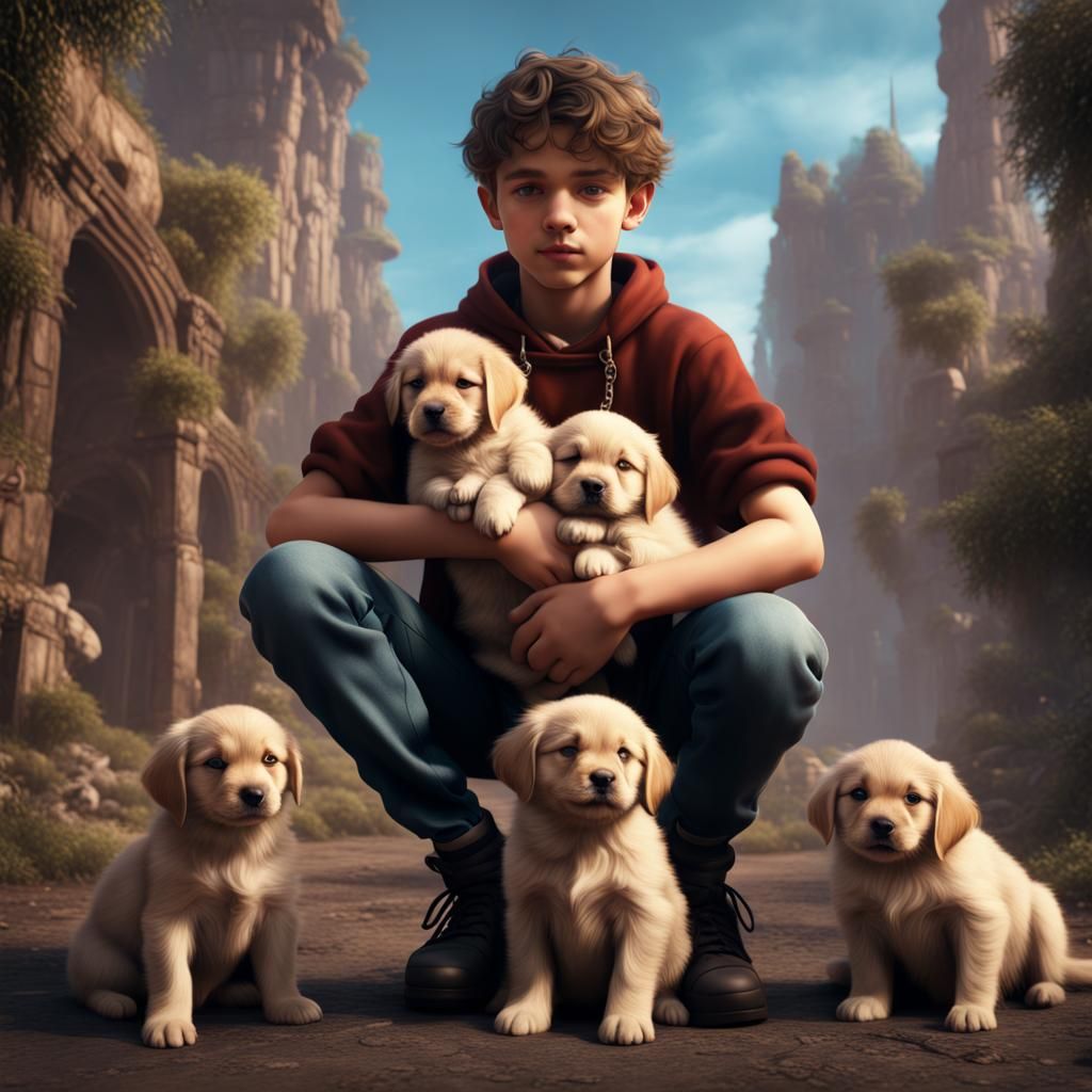 Boy with Puppies: Detailed Matte Painting