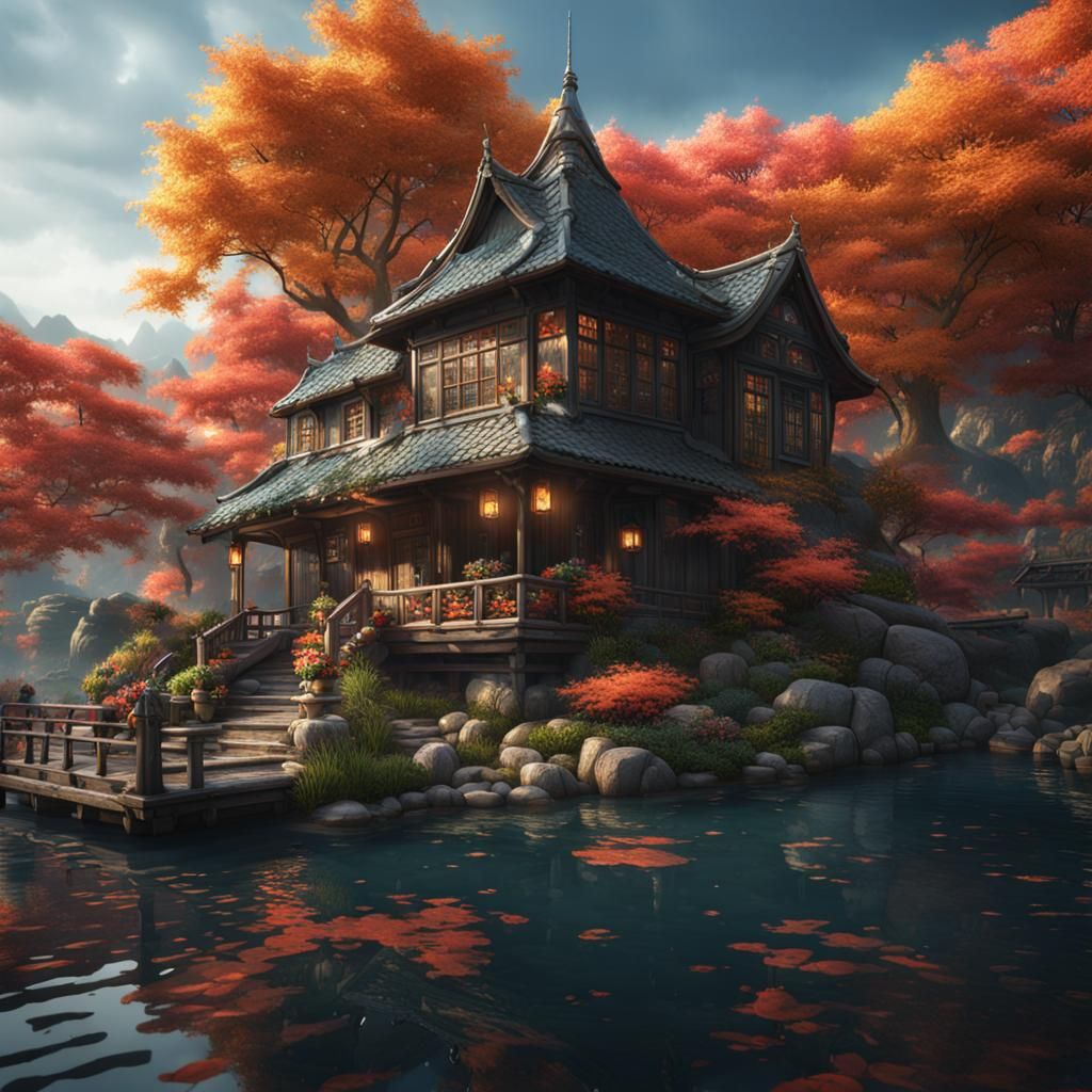 Lake House with Koi: Detailed Matte Painting