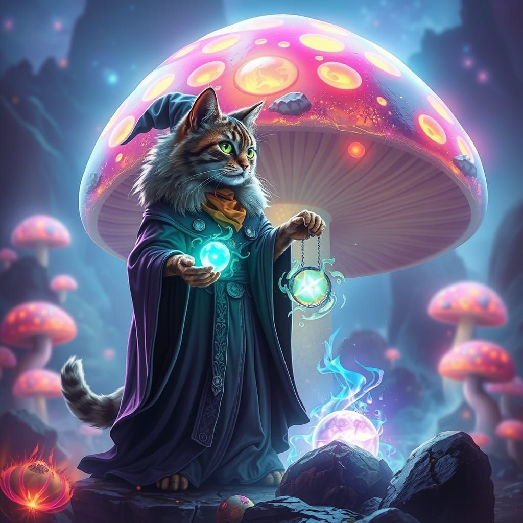 Whimsical Wizard Cat in a Radiant Mushroom Realm
