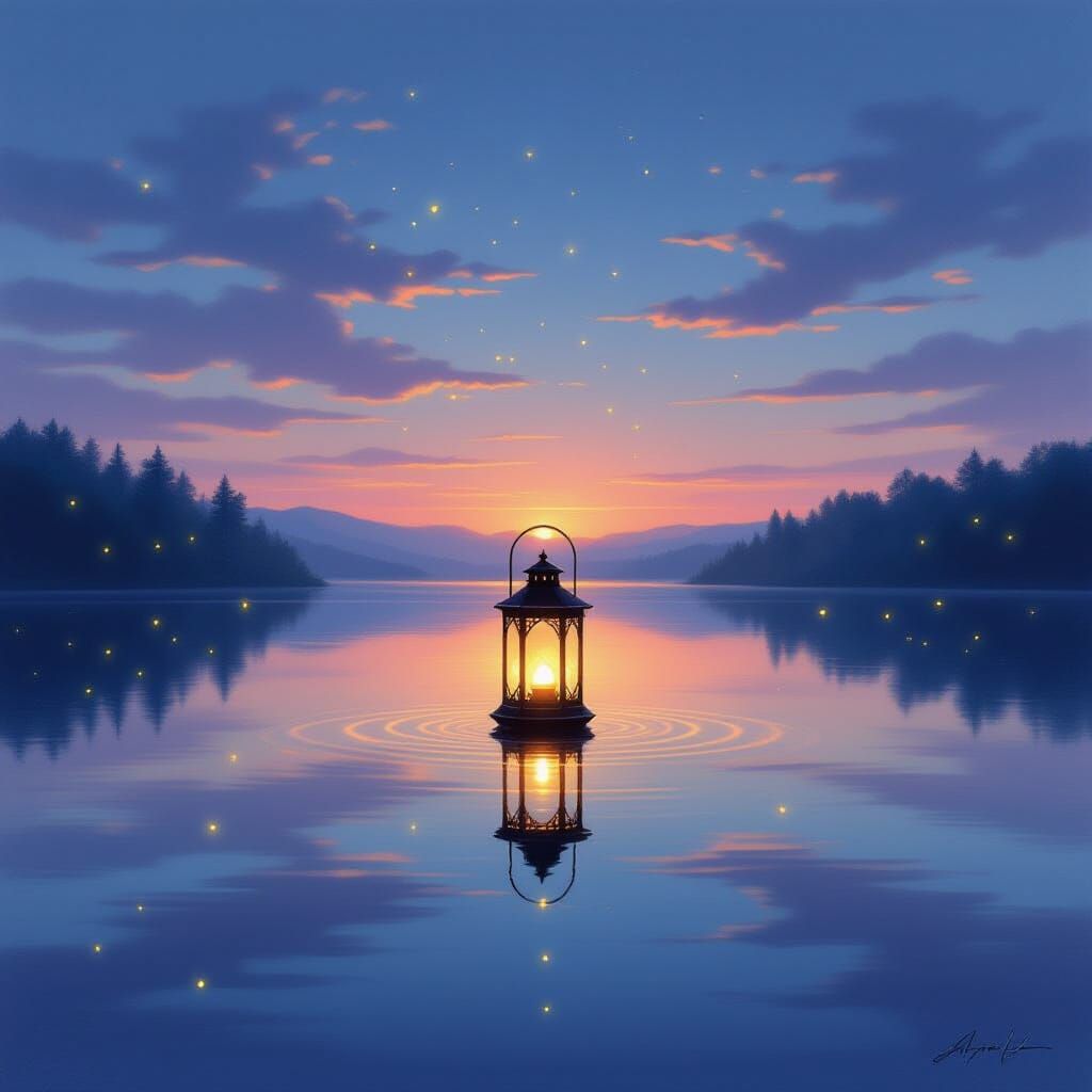 Glowing Lantern Over Reflective Lake at Twilight