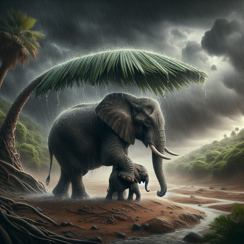 Elephant Sheltering Baby From Rain With Palm Leaf