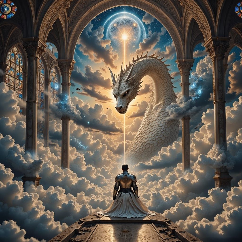 Knight Kneels Before Starlight Dragon in Cathedral