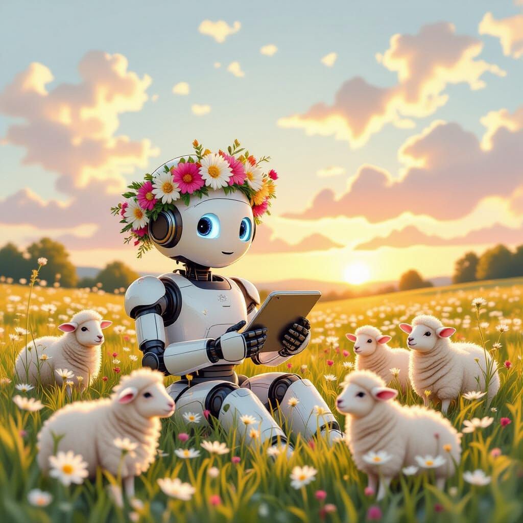 Robot with Sheep in Sunset Meadow