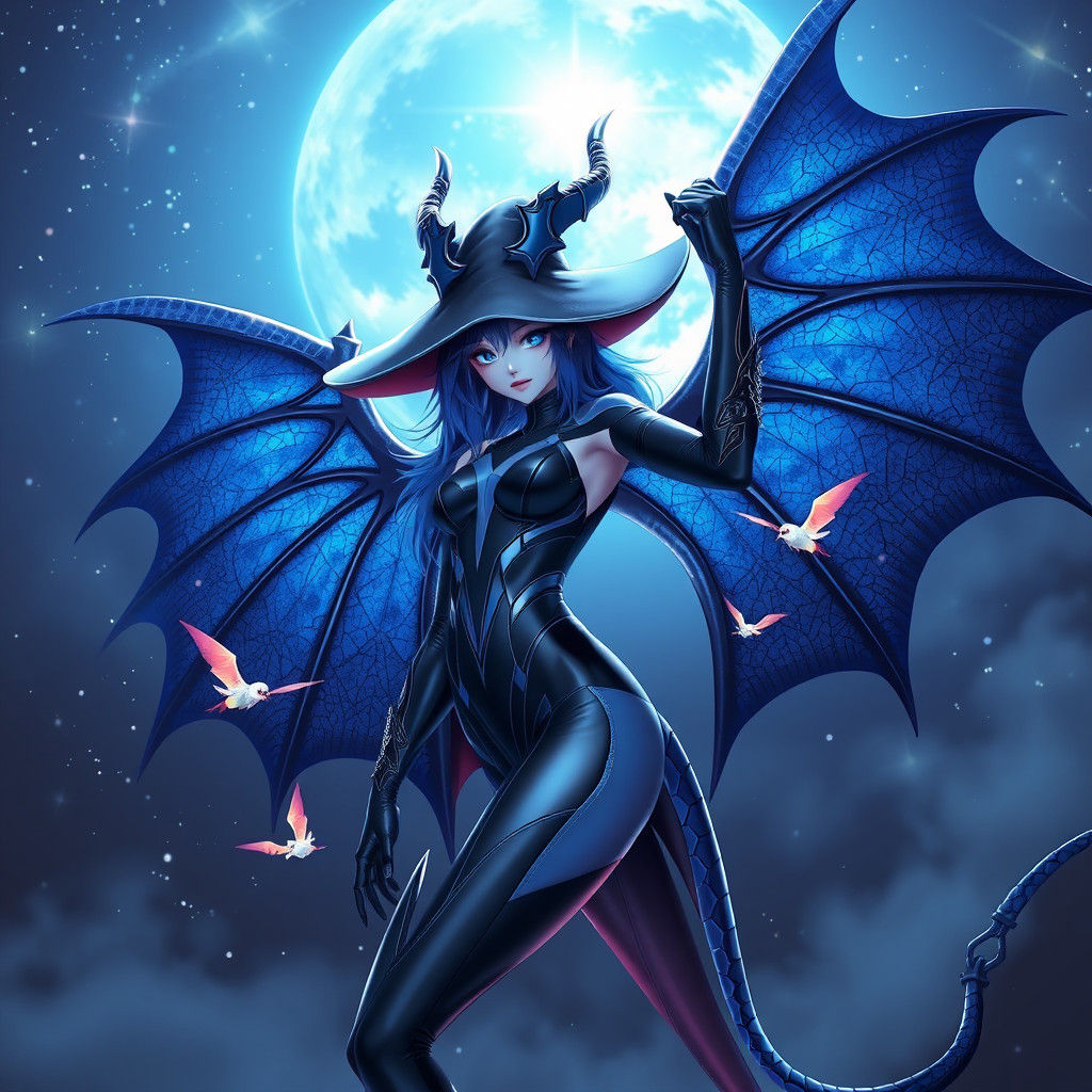 Blue Witch with Dragon Wings in Anime Style