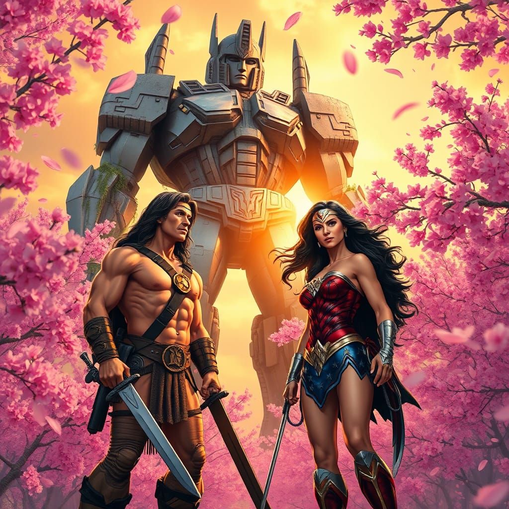 Epic Heroes in Cherry Blossom Field as Comic Art