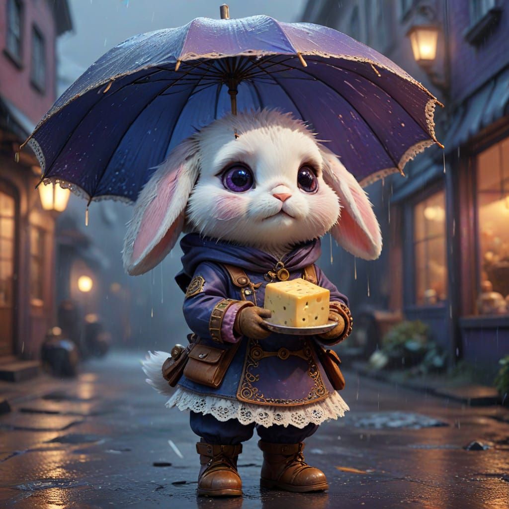 Steampunked Chibi Bunny Waits in Sorrow, Shaded by an Umbrel...