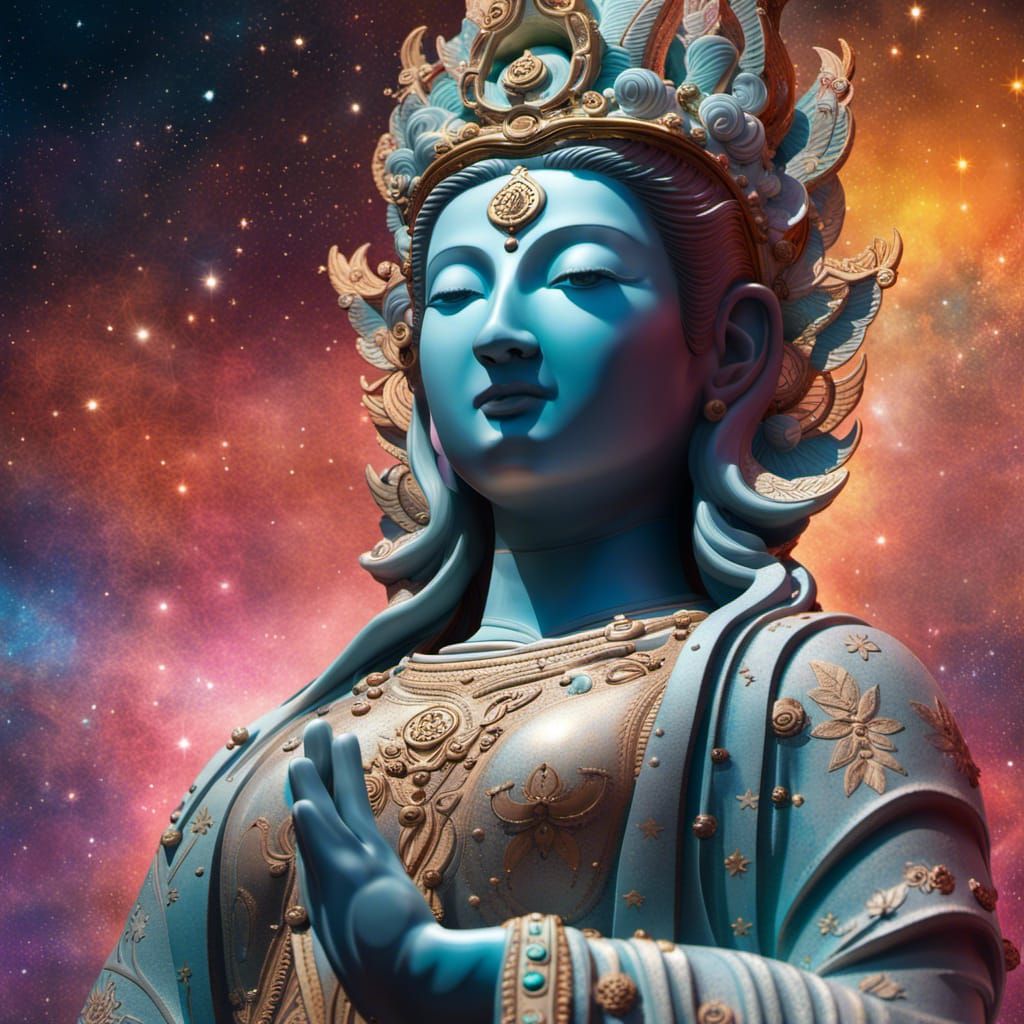 Quan Yin Statue in Starry Cosmos: Hyperrealistic Art