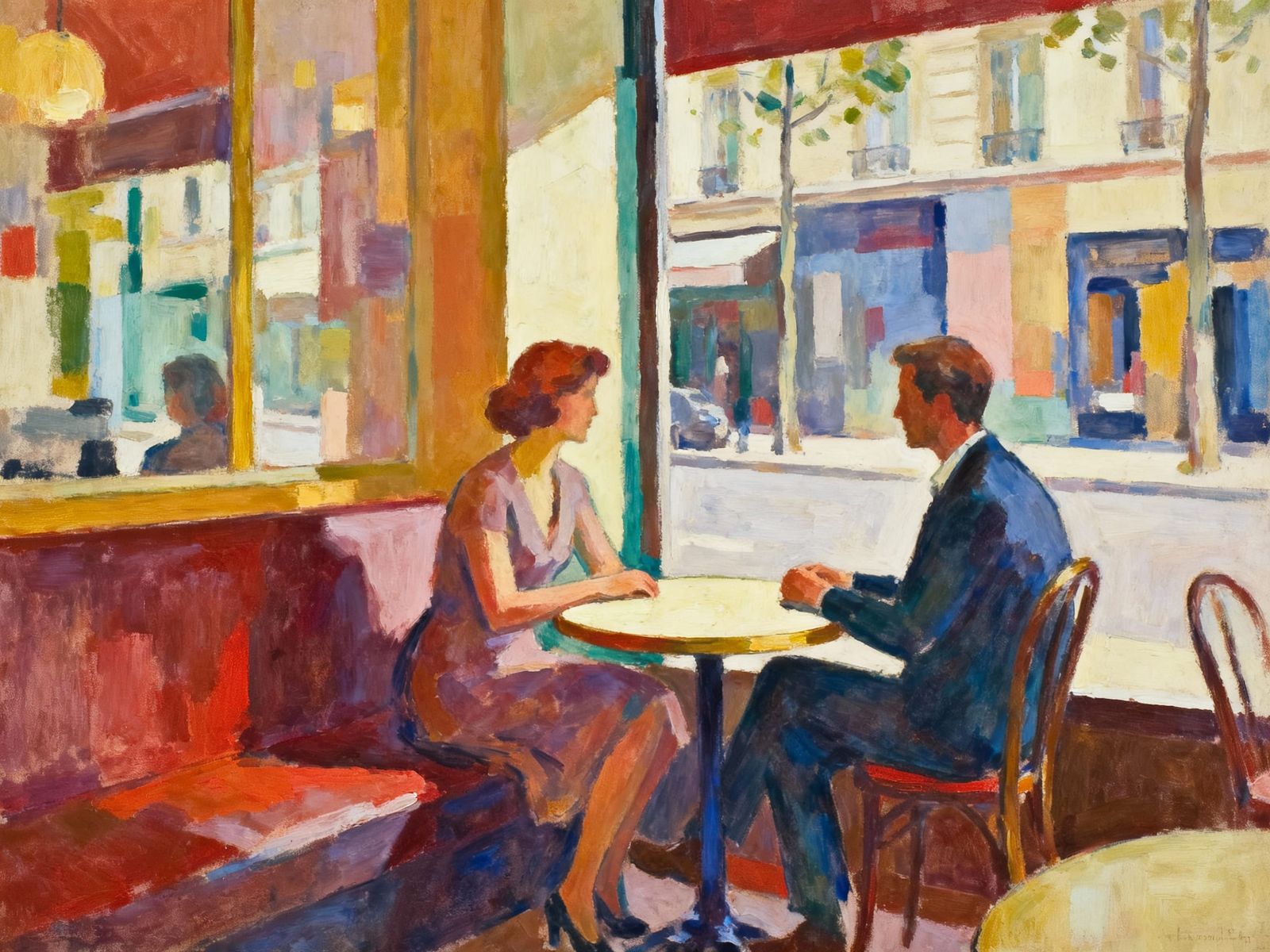 Paris Cafe Couple in Soft Wild Colors Abstract Painting