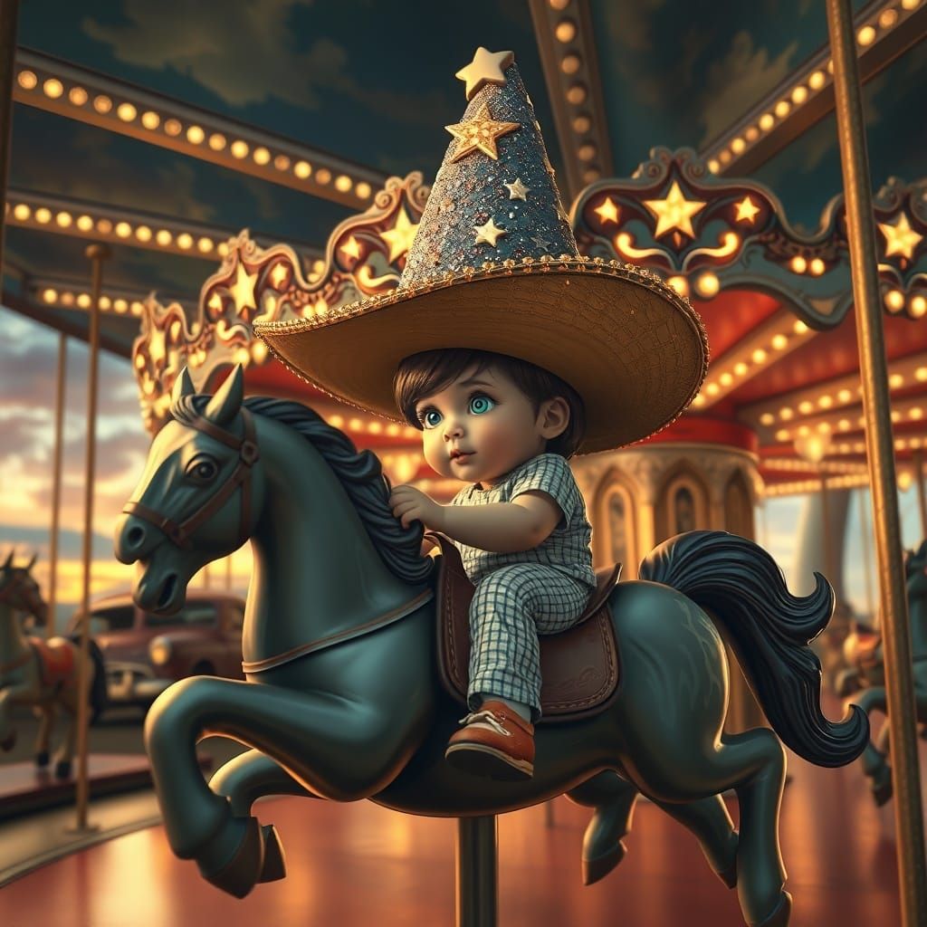 Child on Muscle Car Carousel Under Starry Hat