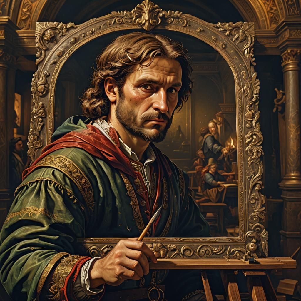 Renaissance Painter's Self-Portrait with Easel and Canvas