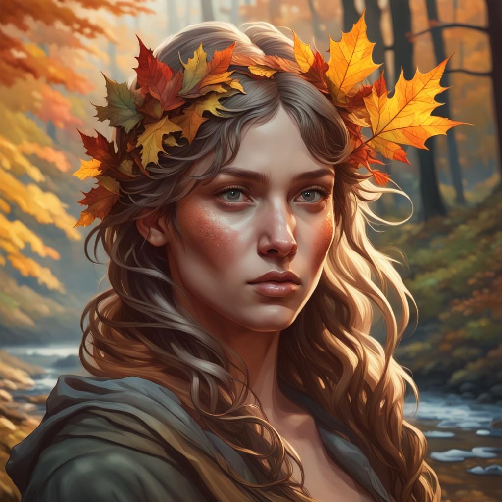 Autumn Forest Fairy Feeds Animals by River