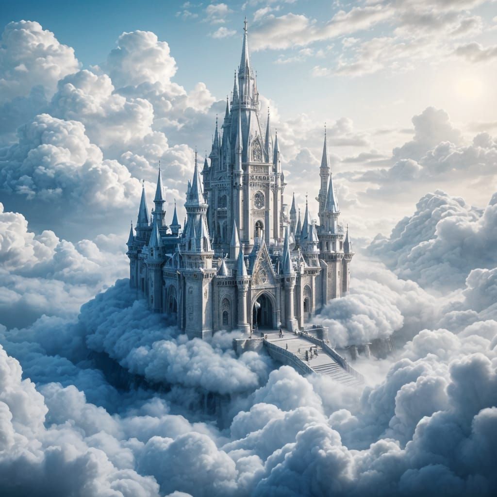 Silver Castle Floating in Clouds: Ethereal Dreamscape