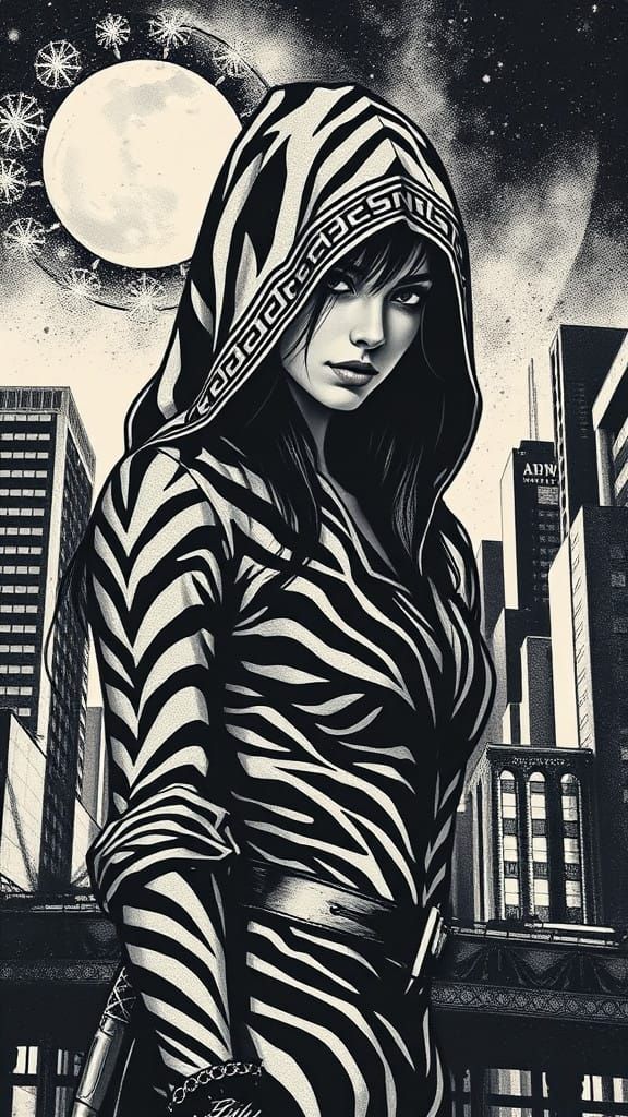 Cyberpunk Femme Fatale Assassin in Dark Ages Intaglio Style