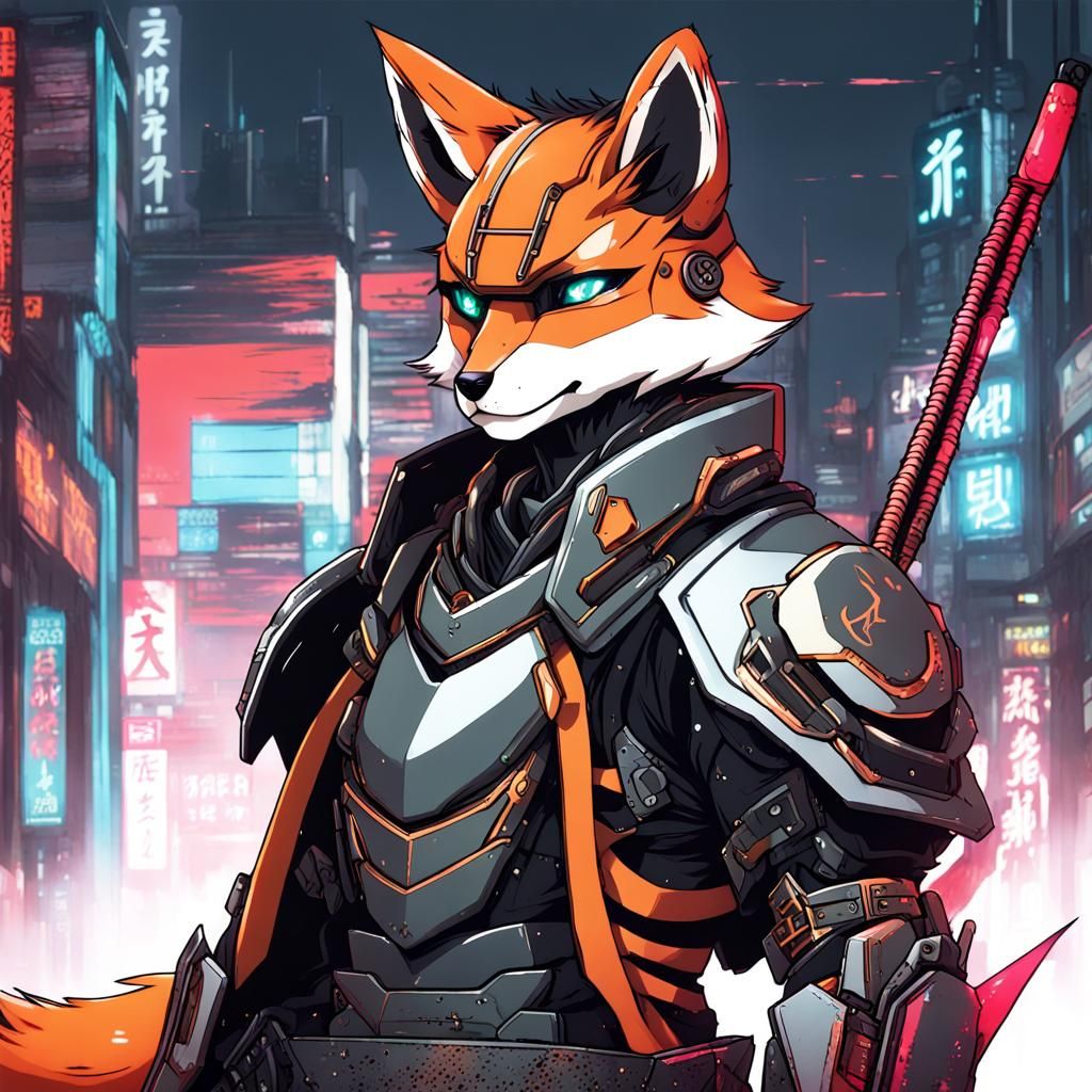 Cyberpunk Samurai Fox with Cybernetic Armor