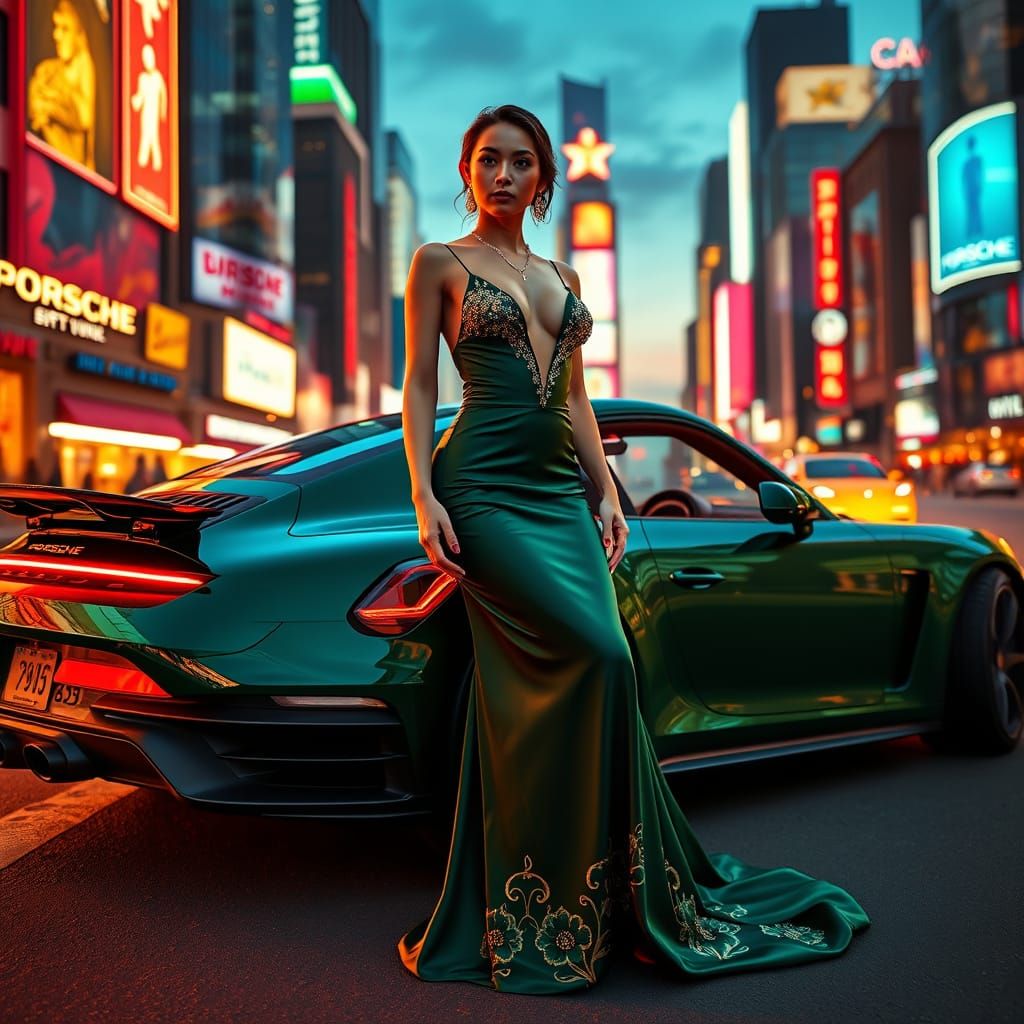 Emerald Goddess Leans Against Chrome Porsche in Neon Citysca...