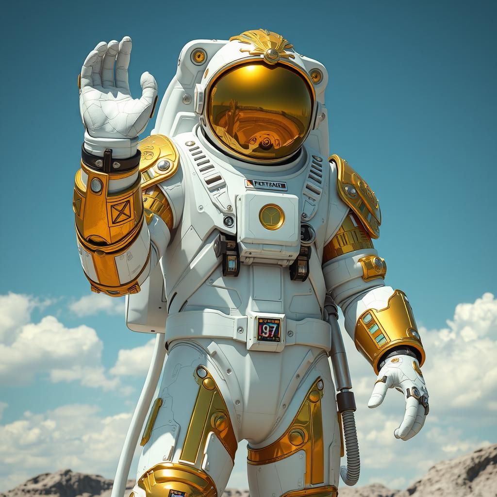 Biomechanical Astronaut in Golden Mask and Stained Glass Arm...