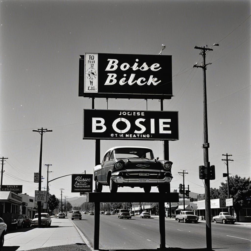 Vintage Chevy Cruises Past Boise Billboard at Sunset