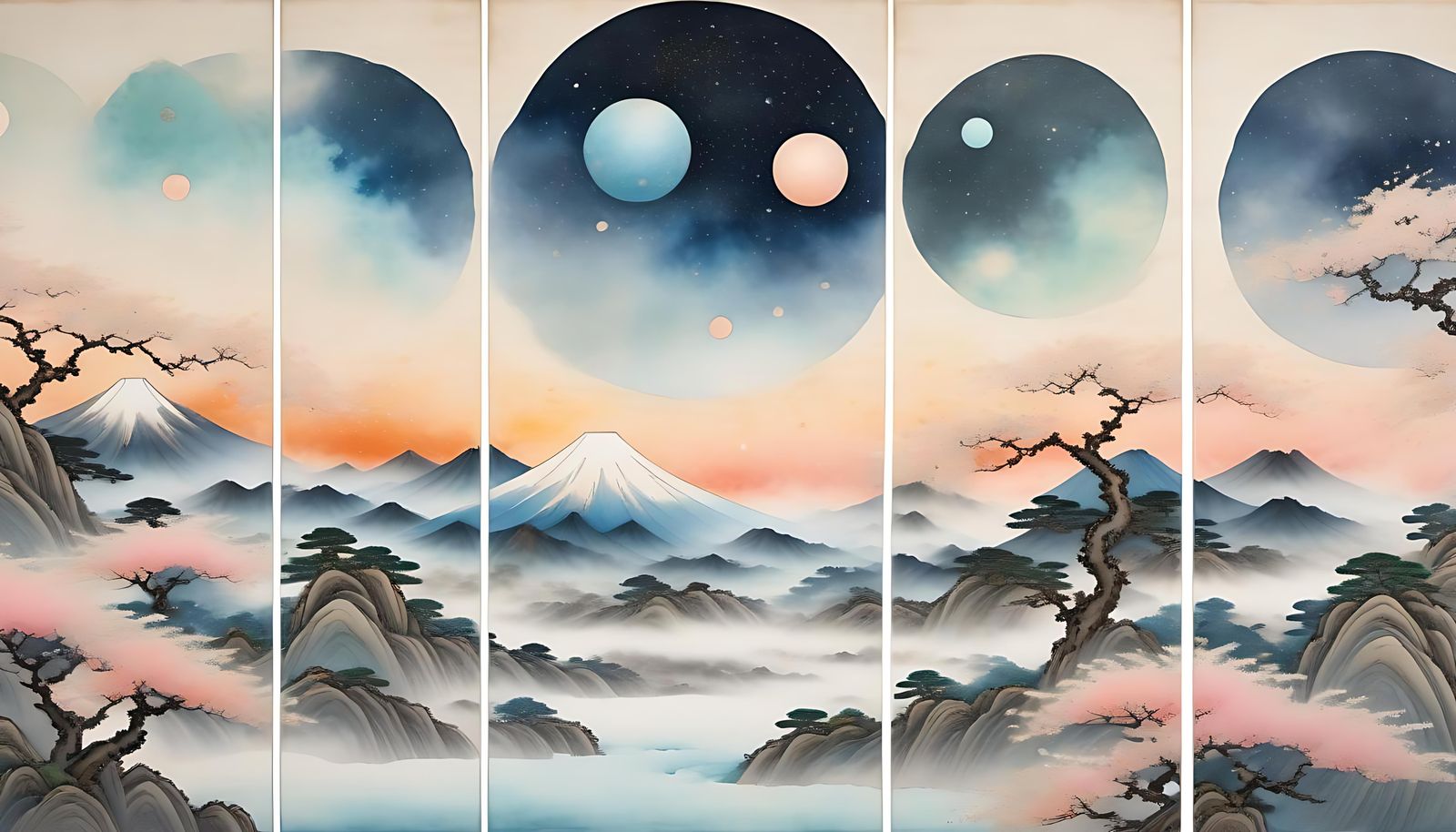 Expanding Universe Triptych in Watercolor Style