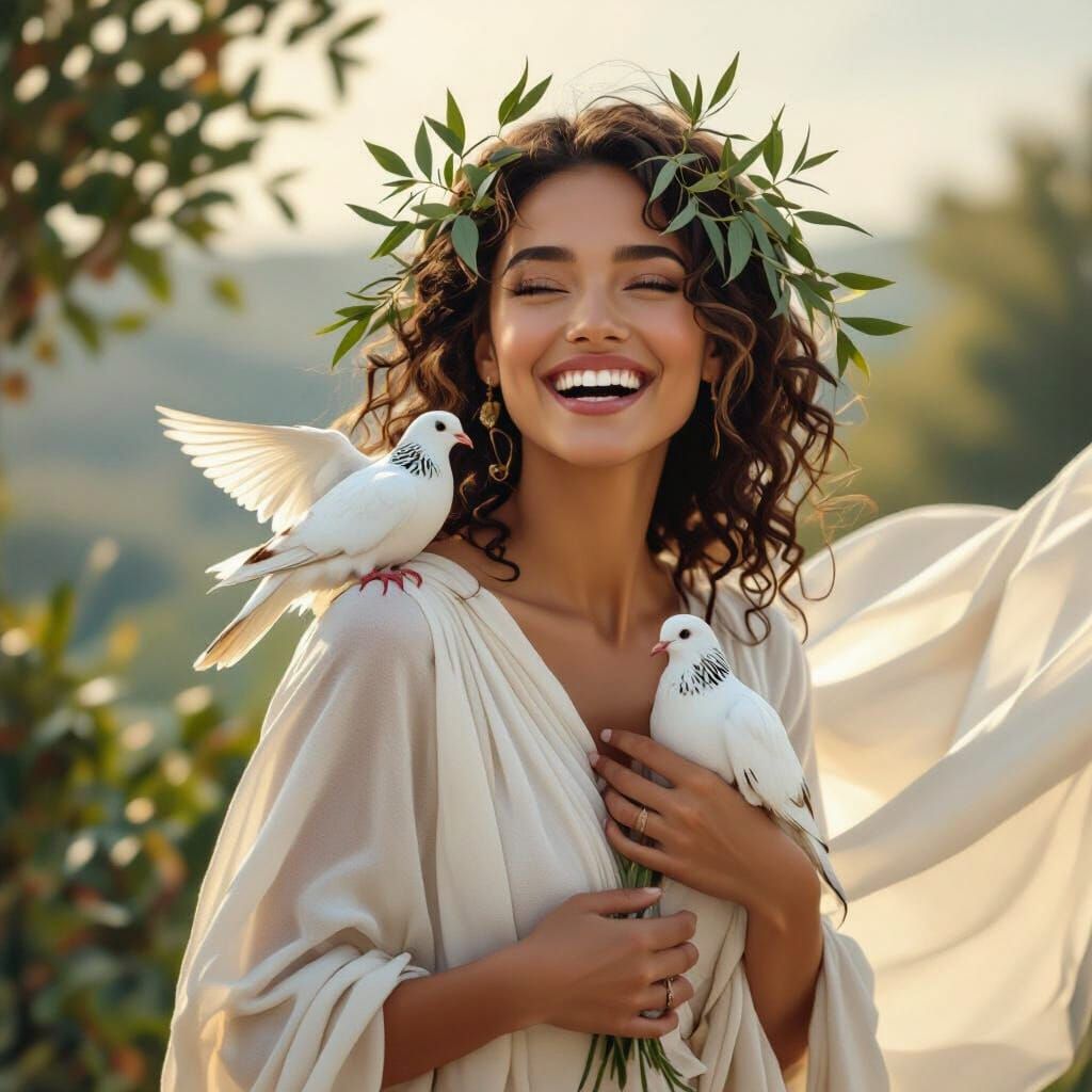 Joyful Woman with Doves and Olive Branches