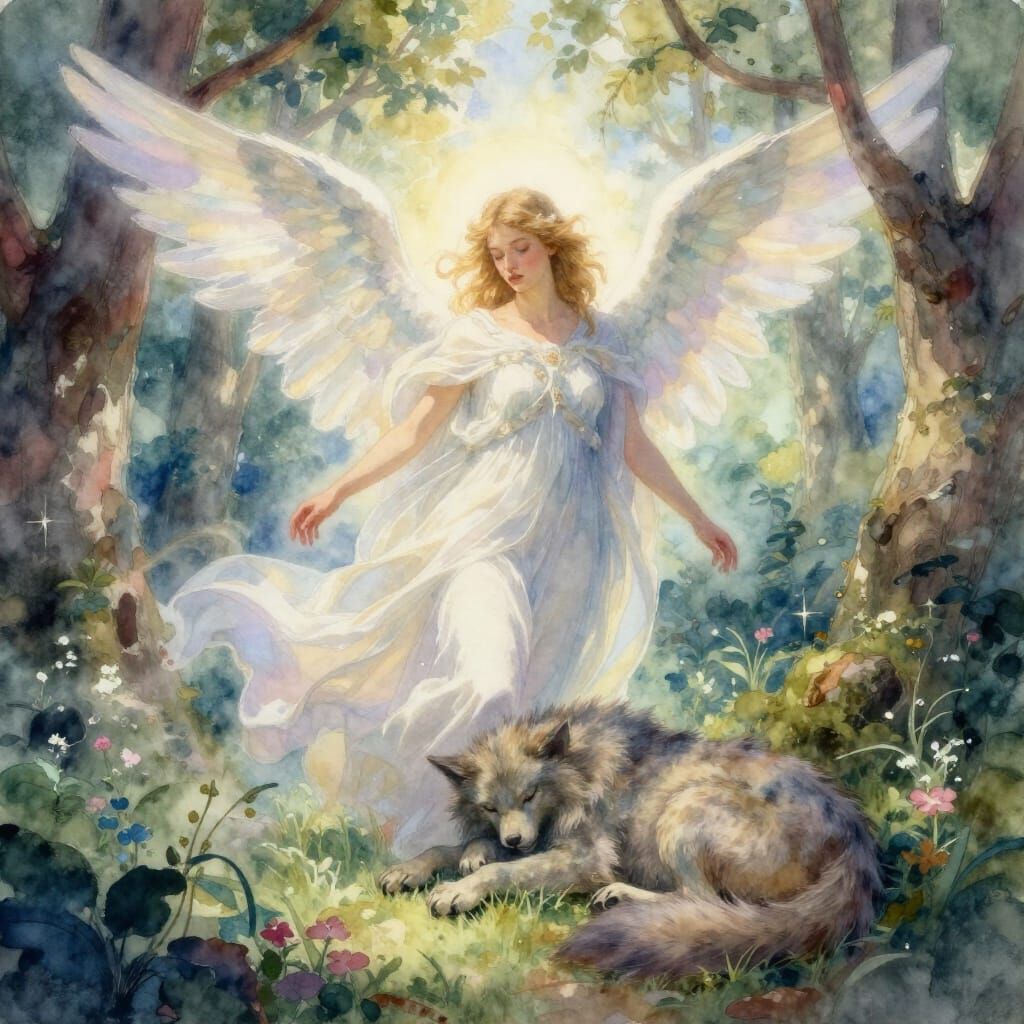 Angel Descends to Grove with Mythical Creature in Watercolor