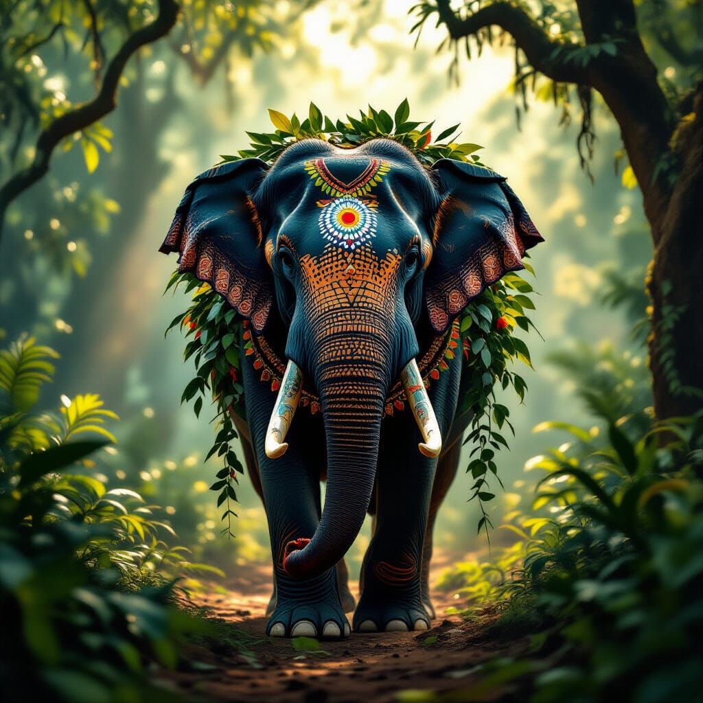 Elephant Adorned with Tribal Paint in Jungle Clearing