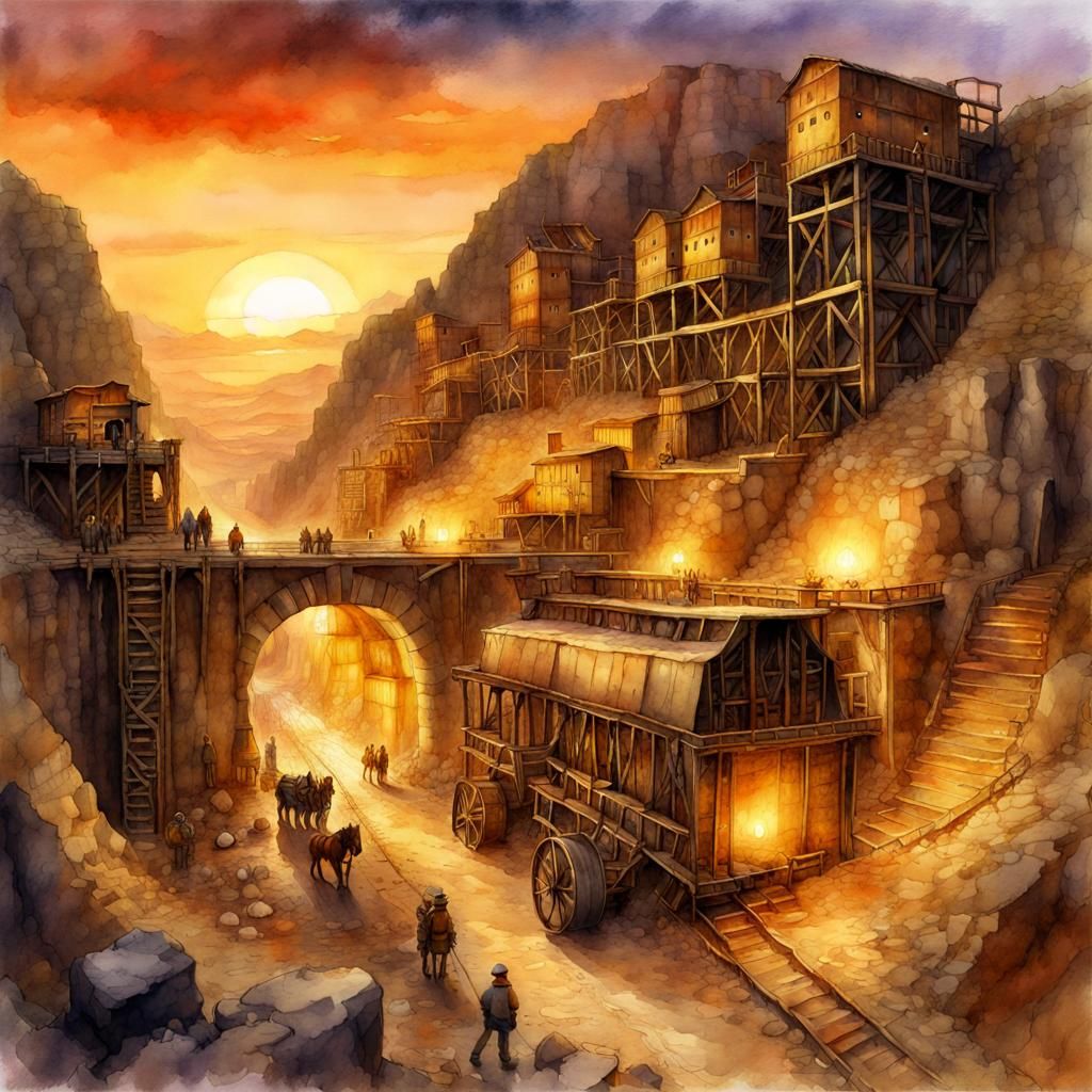 Fantasy Gold Mine Illustration in Watercolor Style