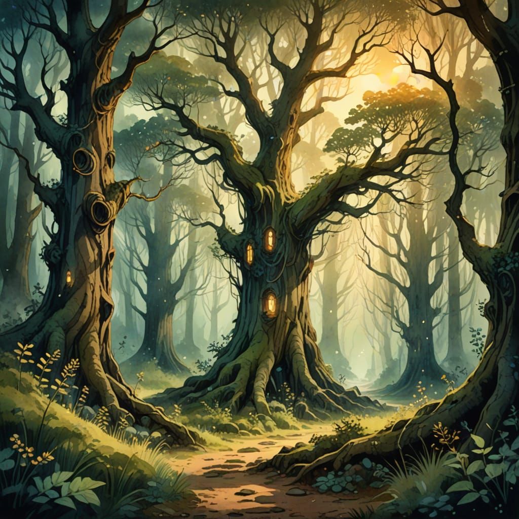 Mystical Forest Landscape in Watercolor Style