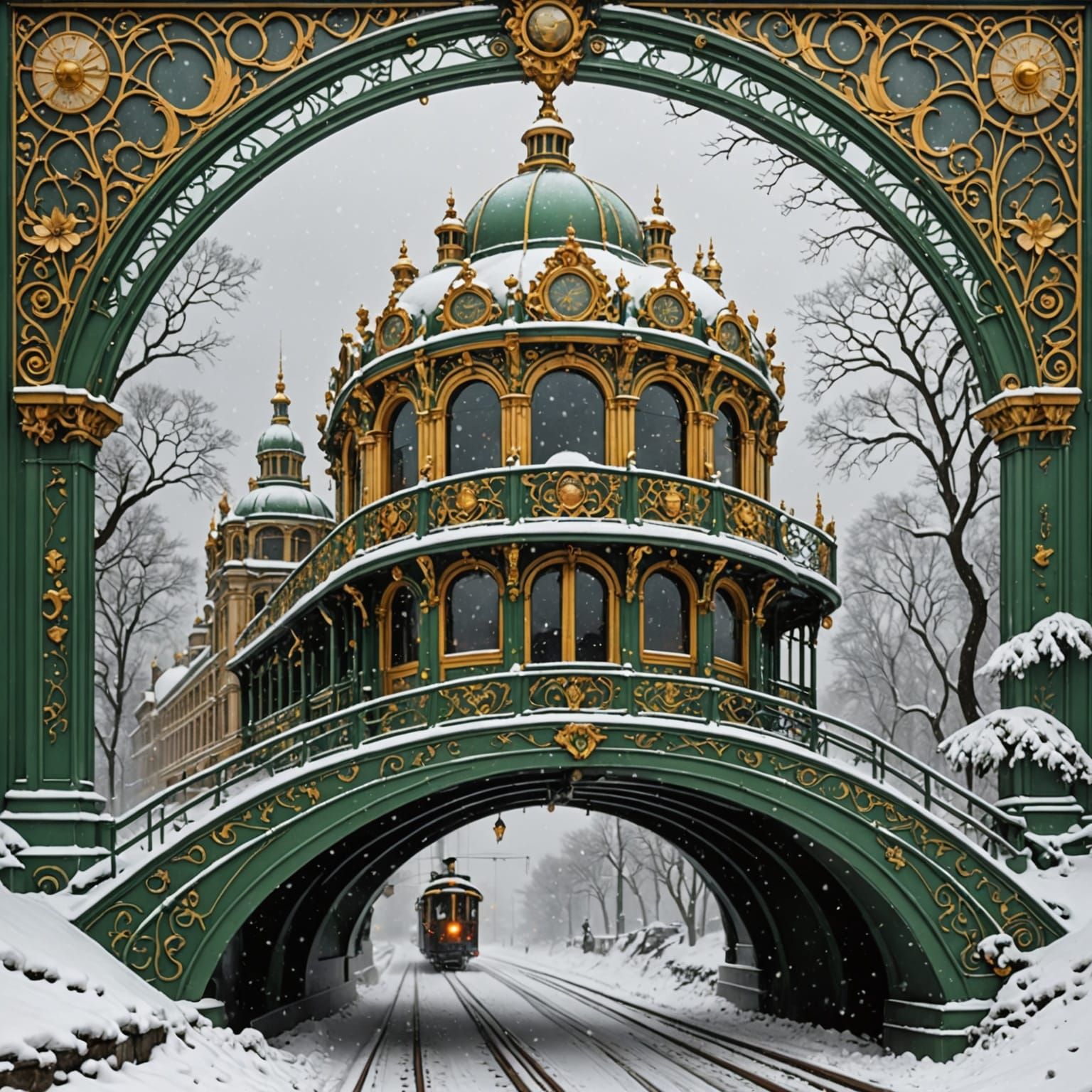 Art Deco Train on Rococo Bridge in Psychedelic Snowstorm
