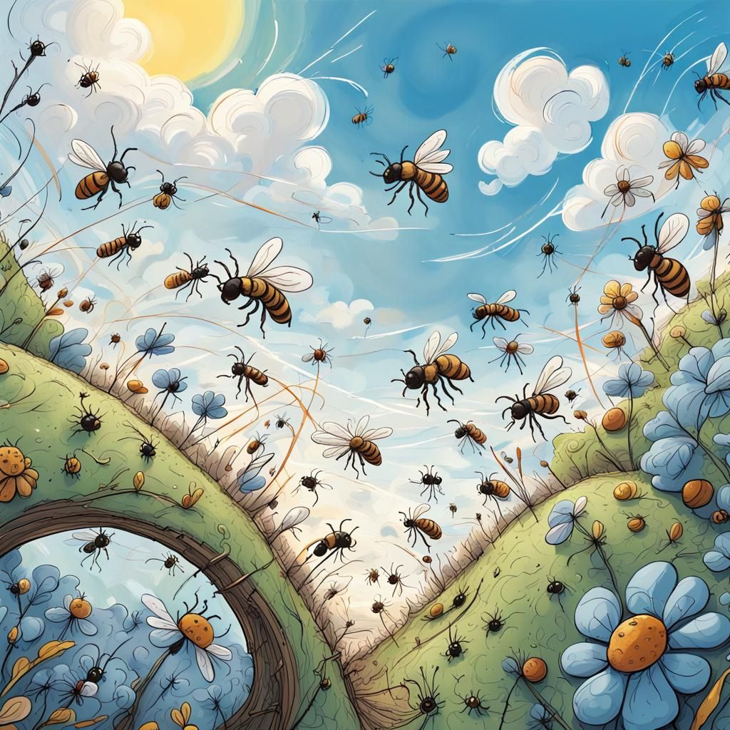 Whimsical Doodle World with Insects, Macro Illustration