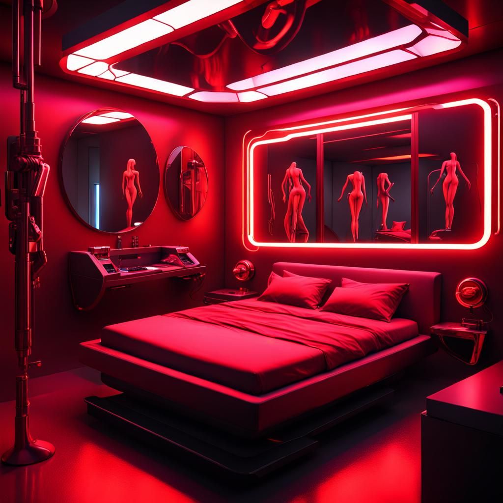 futuristic brothel bedroom interior in red light district, Stain-Resistant Sheets, Neon-Lit Silhouettes artwork, Bed wit...