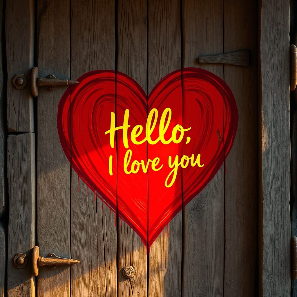 Distressed Wooden Door with Heart in Golden Light