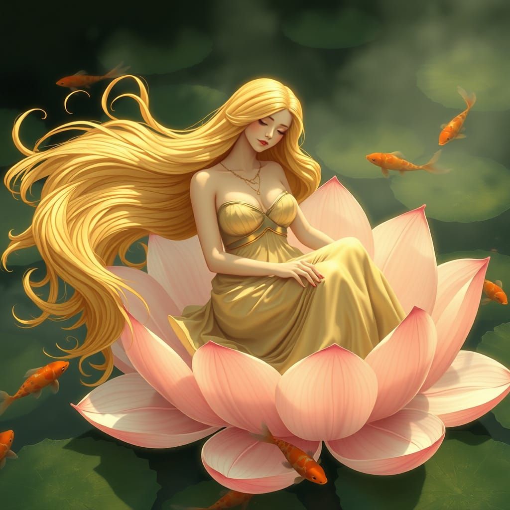 Woman on Lotus Flower in Art Nouveau Style
