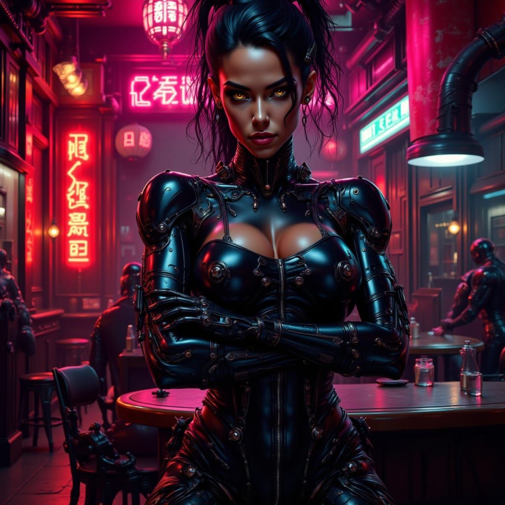 Muscular Cyborg Woman in Cyberpunk Nightclub