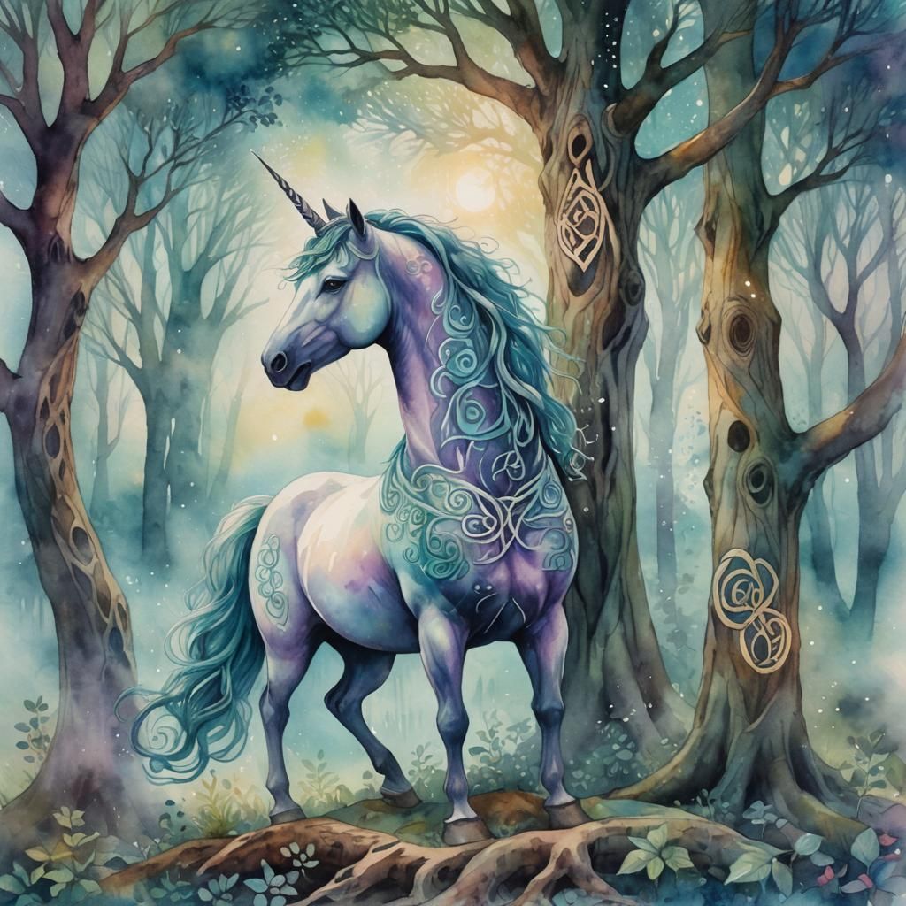 Celtic Unicorn in Misty Watercolor Forest