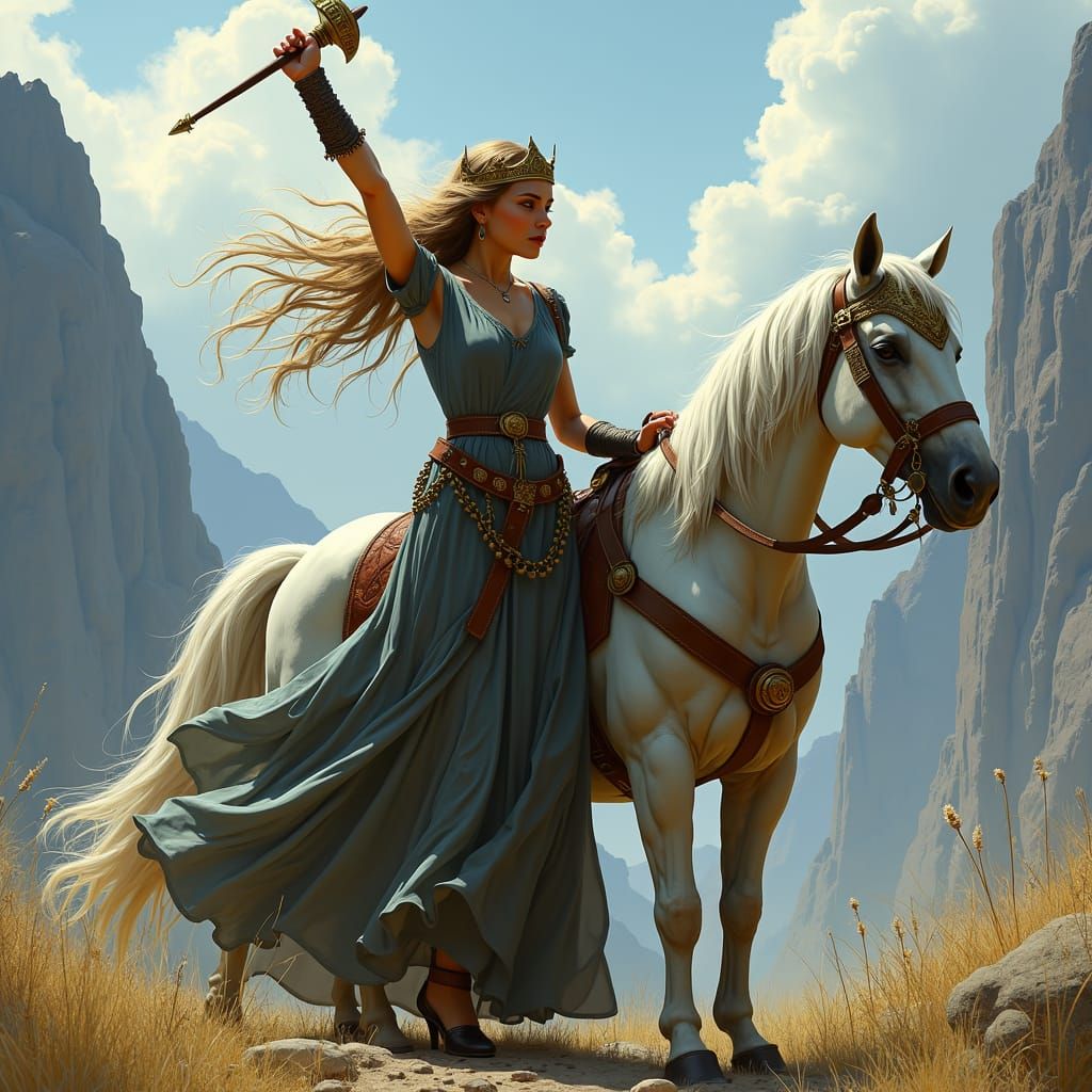 Crowned Woman with Sword Before Alien Landscape