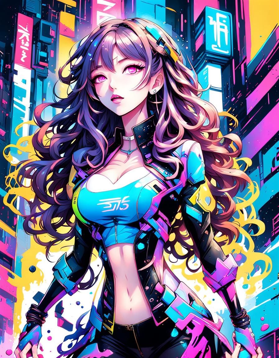 Anime style futuristic singing female idol,long curly hair, big nice chest, curvy body, nice back biolunminescent, airbr...