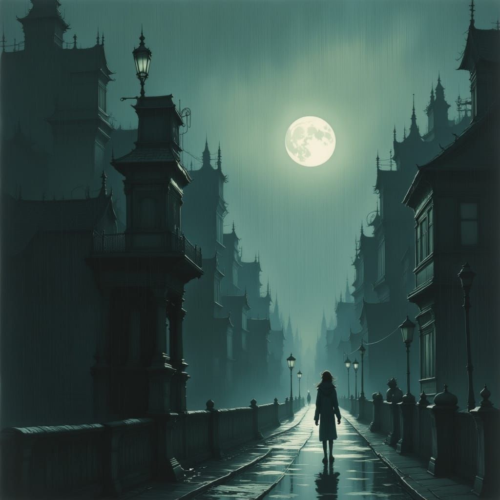 A Lonely Figure Stands in a Desolate Cityscape Under the Rai...