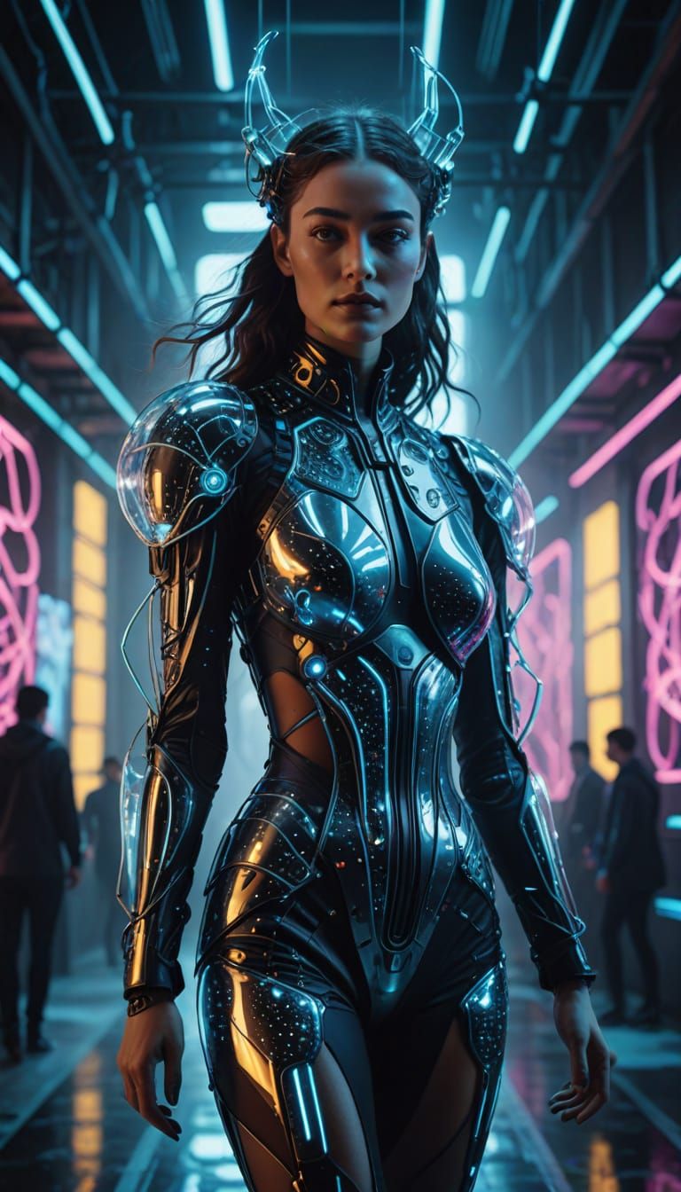 Cyberpunk Goddess Struts Catwalk in Stardust Gown